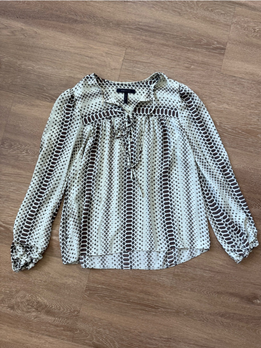 BCBGMaxAzria Cream and Brown Snake Print Long Sleeve Blouse